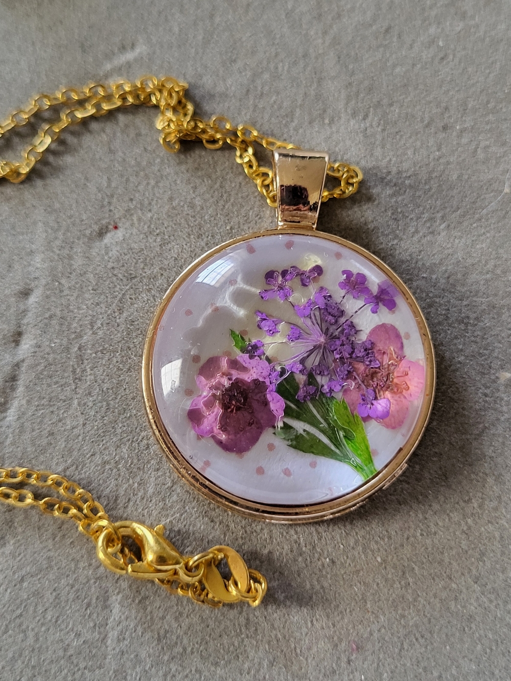 Pressed Floral Hand Crafted Gold Toned Under Glass Necklace